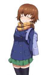 Rule 34 | 1girl, arms behind back, backpack, bag, black thighhighs, blue jacket, brown hair, buttons, closed eyes, commentary, cowboy shot, double-breasted, facing viewer, freckles, girls und panzer, green skirt, jacket, kayabakoro, miniskirt, ooarai school uniform, orange scrunchie, plaid, plaid scarf, pleated skirt, sailor collar, scarf, school uniform, scrunchie, short hair, simple background, skirt, solo, standing, thighhighs, tsuchiya (girls und panzer), white background, winter uniform