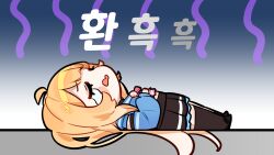 Rule 34 | 1girl, ahoge, black footwear, black shirt, black skirt, black socks, black thighhighs, blonde hair, blue shirt, blue sleeves, bow, cheli (kso1564), chibi, closed eyes, copyright request, crying, detached sleeves, full body, highres, korean text, long hair, long sleeves, lying, on back, open mouth, pink bow, pleated skirt, puffy long sleeves, puffy sleeves, shirt, shoes, single sock, single thighhigh, skirt, sleeves past wrists, socks, solo, streaming tears, tears, thighhighs, translation request, very long hair, virtual youtuber, wavy mouth