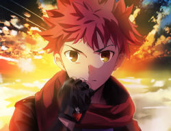 Rule 34 | 1boy, bad id, bad pixiv id, brown eyes, emiya shirou, fate/stay night, fate (series), fingerless gloves, gloves, jewelry, locket, magicians (zhkahogigzkh), male focus, necklace, official style, pendant, red hair, scarf, solo, sunset