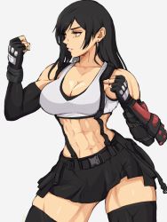 Rule 34 | 1girl, abs, bare shoulders, belt, black bra, black gloves, black hair, black skirt, black thighhighs, bra, breasts, cleavage, clenched hands, collarbone, cowboy shot, crop top, earrings, elbow gloves, elbow pads, fighting stance, final fantasy, final fantasy vii, final fantasy vii remake, fingerless gloves, gloves, highres, jewelry, large breasts, looking to the side, medium hair, midriff, muscular, muscular female, navel, red eyes, shirt, skirt, sleeveless, sleeveless shirt, solo, sports bra, suspenders, thighhighs, thighs, tifa lockhart, underwear, white background, white shirt, yoracrab
