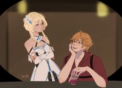 Rule 34 | 1boy, 1girl, artist name, bare shoulders, blonde hair, blurry, blurry background, blush, breasts, cleavage, collarbone, crossed arms, cup, detached sleeves, dress, flower, genshin impact, hair between eyes, hair flower, hair ornament, half-closed eyes, head on hand, highres, holding, holding cup, indoors, lily (flower), looking at another, lumine (genshin impact), medium breasts, open mouth, orange hair, parted lips, red shirt, shirt, short hair, short hair with long locks, sidelocks, signature, sitting, sleeves rolled up, smile, suspenders, tartaglia (genshin impact), upper body, vanekairi, white dress, white flower
