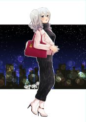 Rule 34 | absurdres, alternate costume, anklet, bag, black dress, blue eyes, boots, breasts, commentary request, dress, full body, grey eyes, high heel boots, high heels, highres, jacket, jewelry, kantai collection, kashima (kancolle), large breasts, looking at viewer, nail polish, open mouth, red bag, red nails, ribbed dress, shoulder bag, sidelocks, silver hair, solo, tsurime, turtleneck, turtleneck dress, twintails, wavy hair, white footwear, white jacket, yknk777