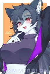 Rule 34 | 1girl, absurdres, animal ears, black jacket, breasts, commission, crop top, earrings, fox, fox ears, furry, furry female, grey hair, highres, jacket, jewelry, large breasts, long hair, mo (k40633), open mouth, original, red eyes, solo