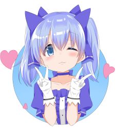 Rule 34 | 1girl, ;3, blue background, blue bow, blue choker, blue eyes, blue hair, bow, cacao (chocolat), center frills, choker, closed mouth, collarbone, commentary request, double v, frills, gloves, hair between eyes, hair bow, hands up, heart, highres, long hair, nijisanji, one eye closed, puffy short sleeves, puffy sleeves, shirt, short sleeves, sidelocks, solo, twintails, two-tone background, upper body, v, virtual youtuber, white background, white gloves, white shirt, yuuki chihiro, yuuki chihiro (1st costume)