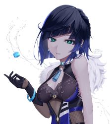 Rule 34 | 1girl, absurdres, arm at side, bad id, bad pixiv id, bare shoulders, black gloves, black hair, blue hair, blunt bangs, blunt ends, bob cut, bodysuit, breasts, brooch, check commentary, cleavage, commentary request, diagonal bangs, dice, earrings, feather boa, fishnets, genshin impact, gloves, green eyes, half gloves, hand up, highres, jewelry, lipstick, looking at viewer, makeup, medium breasts, mole, mole on breast, multicolored hair, neck tassel, necklace, partial commentary, short hair, simple background, solo, tassel, twitter username, two-tone hair, upper body, water, white background, yakiniku pan, yelan (genshin impact)