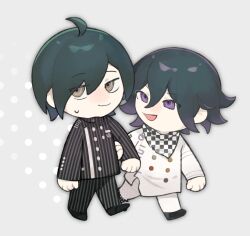 Rule 34 | 2boys, :d, ahoge, black footwear, black hair, brown eyes, buttons, checkered clothes, checkered scarf, chibi, closed mouth, danganronpa (series), danganronpa v3: killing harmony, double-breasted, full body, grabbing another&#039;s arm, hair between eyes, highres, jacket, liulei ri ri tou, long sleeves, male focus, multiple boys, oma kokichi, open mouth, pants, purple eyes, saihara shuichi, scarf, short hair, simple background, smile, striped clothes, striped jacket, striped pants, sweatdrop, white background, white jacket, white pants