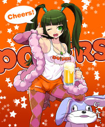Rule 34 | 1girl, alcohol, argyle, argyle clothes, argyle legwear, armpits, bare shoulders, beer, beer mug, blush, boots, brand name imitation, breasts, cleavage, clothes writing, coat, cup, employee uniform, english text, female focus, green eyes, green hair, highres, hooters, jewelry, large breasts, matching hair/eyes, mug, necklace, one eye closed, open clothes, open coat, open mouth, osamu yagi, pantyhose, pantyhose under shorts, pop&#039;n music, rabbit, short shorts, shorts, sleeveless, smile, solo, stuffed animal, stuffed toy, tank top, tsurara (pop&#039;n music), twintails, uniform, usao-kun