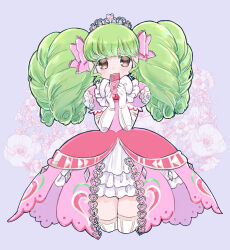 Rule 34 | 1girl, absurdres, bow, brown eyes, cowboy shot, cropped legs, dress, falulu, floral background, frilled dress, frills, gloves, green hair, hair bow, hands up, highres, holding ticket, idol clothes, long hair, looking at viewer, nishi (manpucc), pink bow, pink dress, pretty series, pripara, priticket, puffy short sleeves, puffy sleeves, purple bow, short sleeves, sidelocks, solo, standing, tiara, twintails, white gloves