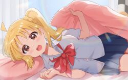 Rule 34 | 1girl, ahoge, blanket, blonde hair, blue skirt, bocchi the rock!, collared shirt, day, erinko604, ijichi nijika, indoors, long hair, looking at viewer, lying, on bed, on side, open mouth, pleated skirt, red eyes, school uniform, shirt, skirt, smile, solo, teeth, under covers, upper teeth only, white shirt
