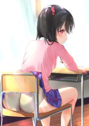 Rule 34 | 1girl, accidental exposure, ass, black hair, blue skirt, bow, chair, clothes lift, curtains, day, desk, feet out of frame, from behind, goldowl, hair bow, highres, indoors, long hair, long sleeves, looking at viewer, looking back, love live!, love live! school idol project, panties, pink sweater, pleated skirt, red bow, red eyes, school chair, school desk, school uniform, sitting, skirt, skirt lift, solo, sunlight, sweater, twintails, underwear, white panties, window, wooden floor, yazawa nico
