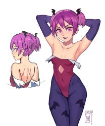 Rule 34 | 1girl, absurdres, alternate hairstyle, animal print, armpits, arms behind head, bat print, blush, closed mouth, commentary, darkstalkers, diamond cutout, elbow gloves, english commentary, furrowed brow, gloves, highleg, highleg leotard, highres, leotard, lilith (darkstalkers), looking back, multiple views, pantyhose, pink eyes, pink hair, red leotard, short twintails, simple background, smile, standing, strapless, strapless leotard, teeth, twintails, v-shaped eyebrows, watcher hollow, white background