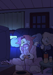 Rule 34 | 2girls, artist request, black eyes, console, controller, couch, dog, furry, game controller, multiple girls, open mouth, pajamas, short hair, tears, television