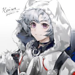 Rule 34 | 1boy, absurdres, arknights, backpack, bag, black gloves, coat, collar, dated, gloves, grey hair, highres, hood, hood up, hooded coat, infection monitor (arknights), looking at viewer, male focus, purple eyes, qanipalaat (arknights), ruian476, short hair, signature, simple background, smile, solo, upper body, white background, white coat
