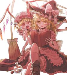 Rule 34 | 2girls, blonde hair, book, broom, candy, commentary, crossed legs, fangs, feet out of frame, flandre scarlet, food, hat, holding, holding book, jeonjagolhaem, kirisame marisa, konpeitou, long hair, mob cap, multiple girls, open mouth, puffy short sleeves, puffy sleeves, red eyes, short hair, short sleeves, touhou, wavy hair, witch hat, yellow eyes