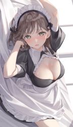 Rule 34 | 1girl, apron, arm up, black dress, breasts, brown hair, cleavage, dress, frilled dress, frills, grey eyes, hand up, highres, kinako (shiratama mochi), large breasts, long hair, looking at viewer, lying, maid, maid apron, maid headdress, open mouth, original, puffy sleeves, short sleeves, solo, waist apron, wing collar