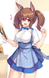 Rule 34 | 1girl, absurdres, alternate costume, animal ears, apron, blue bow, blue skirt, bow, bread, breasts, commentary request, cowboy shot, ear ornament, eighth note, food, hair between eyes, highres, hishi akebono (umamusume), holding, holding tongs, horse ears, horse girl, kageira, large breasts, looking at viewer, musical note, open mouth, partial commentary, plaid, plaid apron, pointing, pointing up, red eyes, shirt, short sleeves, skirt, smile, solo, tongs, twintails, umamusume, white shirt
