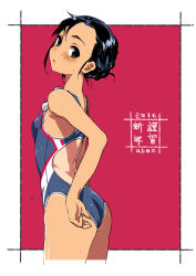 Rule 34 | 1girl, black eyes, black hair, bunbun, colorized, competition swimsuit, hand on own hip, looking back, new year, one-piece swimsuit, one-piece tan, original, solo, swimsuit, tan, tanline, water, water drop, wet, wet hair