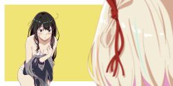 Rule 34 | 2girls, absurdres, bare shoulders, black hair, blonde hair, blue dress, blush, border, breasts, cleavage, closed mouth, collarbone, commentary request, dress, embarrassed, grey dress, grey eyes, hair ribbon, hair strand, highres, inoue takina, long hair, looking at another, lycoris recoil, lycoris uniform, medium breasts, misskiwi, multiple girls, nishikigi chisato, panties, partially undressed, red ribbon, ribbon, sidelocks, sweatdrop, two-tone dress, underwear, undressing, white border, white panties, yellow background