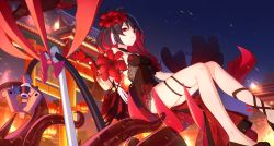 Rule 34 | 3girls, black hair, china dress, chinese clothes, claws, closed mouth, dress, floating, flower, game cg, hair flower, hair ornament, highres, holding, honkai (series), honkai impact 3rd, liliya olenyeva, medium hair, multiple girls, night, night sky, official art, outdoors, red dress, red eyes, red flower, red hair, rozaliya olenyeva, seele (alter ego), seele vollerei, seele vollerei (stygian nymph), sky, solo focus, tail