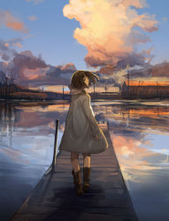 Rule 34 | 1girl, bad id, bad pixiv id, blue sky, boots, brown footwear, building, cloud, cloudy sky, coat, dock, facing away, hanno, highres, long sleeves, looking to the side, original, power lines, reflection, scenery, short hair, sky, sleeves past wrists, solo, tree, utility pole, utility pole (object), walking, water, wind