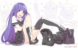 Rule 34 | 1girl, alternate costume, assault rifle, bag, blue hair, boots, bow, bright pupils, crop top, cross-laced footwear, dressing, duffel bag, feet, fingerless gloves, flying sweatdrops, full body, gloves, green eyes, gun, lace-up boots, len (a-7), long hair, miniskirt, muzzle (trigger), name tag, night-vision device, official art, rifle, school uniform, simple background, sitting, skeleton print, skirt, thighhighs, trigger (company), triggertop, unworn boots, watermark, weapon, white background