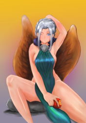 Rule 34 | 1girl, :t, alternate costume, alternate hair color, alternate hairstyle, alternate wings, arm behind head, bare hips, bare shoulders, blue eyes, breasts, cape, eating, food, fruit, highres, kayle (league of legends), league of legends, legs, mouya (sars), naked tabard, one eye closed, revealing clothes, sideboob, silver hair, solo, surcoat, tabard, wings, wink