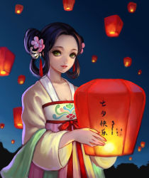 Rule 34 | 1girl, black hair, breasts, building, chinese clothes, cleavage, collarbone, double bun, flower, green eyes, hair flower, hair ornament, holding, japanese clothes, lantern, original, saikac, silhouette, sky lantern, small breasts, solo, tanabata, text focus, translation request