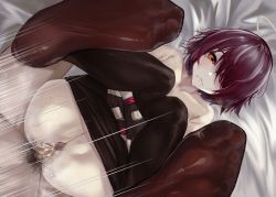 Rule 34 | 1boy, 1girl, arknights, bed sheet, black pantyhose, censored, closed mouth, clothes pull, collarbone, completely nude, drooling, exusiai (arknights), feet, female pubic hair, fingerless gloves, gloves, hair over one eye, halo, hetero, highres, hugging own legs, legs up, lying, male pubic hair, missionary, mosaic censoring, motion lines, no shoes, nude, on back, on bed, orange eyes, pantyhose, pantyhose pull, penis, pubic hair, purple hair, pussy, saliva, sex, short hair, soles, solo focus, suujiniku, topless, vaginal