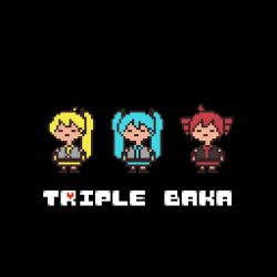 3girls akita_neru aqua_hair black_background blonde_hair chibi chibi_only drill_hair grey_shirt hatsune_miku highres kasane_teto multiple_girls parody pixel_art red_hair shima_musicline shirt side_ponytail simple_background standing style_parody triple_baka_(vocaloid) twin_drills twintails undertale utau vocaloid