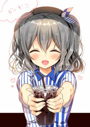 Rule 34 | 10s, 1girl, ^ ^, ^o^, bad id, bad pixiv id, beret, blush, closed eyes, coffee, commentary request, drink, drinking straw, employee uniform, closed eyes, hair between eyes, hat, heart, holding, kantai collection, kashima (kancolle), lawson, short hair, short sleeves, silver hair, smile, solo, speech bubble, translated, two side up, uniform, yadapot