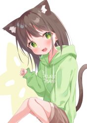 Rule 34 | 1girl, animal ear fluff, animal ears, blush, borrowed character, brown hair, brown shorts, cat ears, cat girl, cat tail, commentary, drawstring, extra ears, fang, feet out of frame, green eyes, green hoodie, highres, hood, hoodie, knees together feet apart, long hair, long sleeves, looking at viewer, matchanear, okura-chan (at nya5) (character), open mouth, original, paw pose, puffy long sleeves, puffy sleeves, short shorts, shorts, sitting, skin fang, sleeves past wrists, solo, star-shaped pupils, star (symbol), symbol-shaped pupils, tail