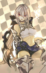 Rule 34 | 1girl, absurdres, ahoge, armor, bare shoulders, belt, belt buckle, black shorts, bottle, bow, breasts, buckle, chain, checkered background, crop top, furrowed brow, greaves, hair between eyes, hair bow, highres, holding, holding bottle, large breasts, long hair, looking at viewer, multiple belts, navel, open mouth, ponytail, purple belt, purple bow, red eyes, shorts, silver hair, sitting, solo, stitches, teeth, torn bow, torn clothes, ukai saki, very long hair, vocaloid, yowane haku