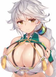 Rule 34 | 10s, 1girl, armor, bad id, bad pixiv id, bare shoulders, blush, bra, braid, breastplate, breasts, brown eyes, choker, cleavage, cupless bra, detached sleeves, eyebrows, green vest, hair bobbles, hair ornament, huge breasts, jitome, kantai collection, lifting own clothes, long hair, looking at viewer, messy hair, midriff, navel, pokoten (pokoten718), ribbon, ribbon choker, short sleeves, silver hair, single braid, smile, solo, tassel, underwear, unryuu (kancolle), untying, upper body, very long hair, vest, vest lift, white ribbon