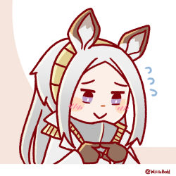 Rule 34 | 1girl, 1koma, animal ears, arknights, blush, chibi, comic, commentary, embarrassed, english commentary, flying sweatdrops, grey hair, hairband, heavyrain (arknights), highres, horse ears, long hair, looking down, purple eyes, solo, striped clothes, striped hairband, twitter username, wittle red, zebra ears, zebra girl