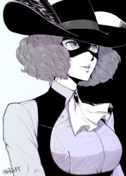 Rule 34 | 1girl, ascot, black background, black feathers, black hat, collared shirt, feathers, grey background, grey eyes, grey hair, grey shirt, hat, hat feather, hi (ibisf5umauma), limited palette, looking up, medium hair, okumura haru, parted lips, persona, persona 5, shirt, smile, solo, twitter username, two-tone background, upper body, white ascot, wing collar