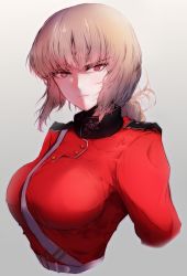 Rule 34 | 1girl, between breasts, braid, breasts, brown hair, fate/grand order, fate (series), florence nightingale (fate), grey background, large breasts, looking at viewer, military, military uniform, mityubi, red eyes, single braid, solo, strap between breasts, uniform