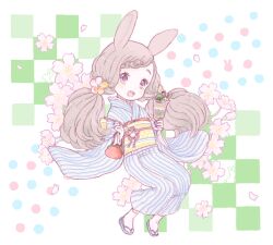 Rule 34 | 1girl, animal ears, bad drawr id, bad id, bag, blue footwear, blue kimono, braid, braided bangs, brown eyes, brown hair, character request, checkered background, cherry blossoms, copyright request, falling petals, floating, flower, food, full body, green background, hair flower, hair ornament, handbag, holding, holding bag, japanese clothes, kimono, long hair, long sleeves, looking at viewer, multicolored background, obi, oekaki, open mouth, parfait, petals, polka dot, polka dot background, rabbit ears, sandals, sash, single braid, solo, striped clothes, striped kimono, tabi, teeth, twintails, upper teeth only, vertical-striped clothes, vertical-striped kimono, white background, wide sleeves, yellow sash, yuu (drawr)
