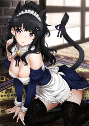 1girl, alternate costume, animal ears, apron, bangs, bare shoulders, bell, black hair, black legwear, black ribbon, blue dress, blush, breasts, cat ears, cat hair ornament, cat tail, cleavage, commentary request, dress, earrings, enmaided, frills, grey eyes, hair ornament, hair ribbon, highres, idolmaster, idolmaster shiny colors, jewelry, jingle bell, kazano hiori, long hair, looking at viewer, maid, maid apron, maid headdress, medium breasts, mole, mole under mouth, neck ribbon, open mouth, parted lips, ponytail, ribbon, solo, swept bangs, tail, tail ornament, tail ribbon, thighhighs, thighs, waist apron, whoosaku, wrist cuffs