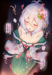 Rule 34 | 1girl, blush, breasts, elf, closed eyes, hemachi, highres, japanese clothes, japanese text, kimono, kokkoro (princess connect!), nipples, pointy ears, princess connect!, red eyes, small breasts, white hair