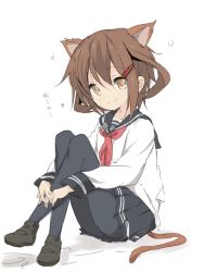Rule 34 | 10s, 1girl, animal ears, brown eyes, brown hair, cat ears, cat tail, commentary, core (mayomayo), hair ornament, hairclip, ikazuchi (kancolle), kantai collection, kemonomimi mode, crossed legs, neckerchief, on ground, pantyhose, pleated skirt, red neckerchief, school uniform, serafuku, short hair, sketch, skirt, smile, solo, tail, translated