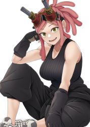 Rule 34 | 1girl, baggy pants, black shirt, blouse, boku no hero academia, breasts, cleavage, clothes around waist, collarbone, commentary, eyewear on head, glasses, gloves, hair bun, hand on own head, hatsume mei, highres, jacket, jacket around waist, unworn jacket, kobaji, large breasts, looking at viewer, messy hair, no bra, pants, pink hair, shirt, shoes, simple background, single hair bun, sitting, smile, sneakers, solo, symbol-shaped pupils, white background, yellow eyes