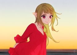 Rule 34 | 1girl, arms behind back, blonde hair, dress, elf, evening, frilled dress, frills, leaning forward, long hair, looking at viewer, okeno kamoku, original, outdoors, pointy ears, purple eyes, red dress, see-through, see-through silhouette, smile, solo, wind