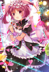 Rule 34 | 1girl, absurdres, blush, dress, heart, highres, holding, holding microphone, honwaka shinshi, idol, looking at viewer, magia record: mahou shoujo madoka magica gaiden, mahou shoujo madoka magica, makino ikumi, microphone, multicolored background, pink eyes, pink hair, short twintails, smile, solo, star (symbol), thighhighs, twintails