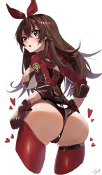Rule 34 | 1girl, :o, absurdres, amber (genshin impact), ass, belt, belt pouch, black panties, blush, breasts, brown eyes, brown gloves, brown hair, cameltoe, cropped legs, feipin zhanshi, from behind, genshin impact, gloves, hair ribbon, hairband, heart, highres, huge ass, large breasts, leaning forward, long hair, long sleeves, looking at viewer, looking back, open mouth, panties, pouch, red ribbon, red thighhighs, ribbon, shiny clothes, shiny skin, short shorts, shorts, shrug (clothing), sideboob, simple background, skindentation, solo, thighhighs, thighs, underwear, v-shaped eyebrows, very long hair, white background