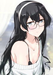Rule 34 | 1girl, alternate costume, bare shoulders, black-framed eyewear, black bra, black hair, blue eyes, blush, bra, breasts, commentary request, glasses, hair between eyes, hairband, kantai collection, long hair, looking at viewer, mikage takashi, off-shoulder shirt, off shoulder, ooyodo (kancolle), shirt, simple background, small breasts, smile, solo, underwear, upper body, white hairband, white shirt