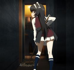 Rule 34 | apron, black apron, black hair, cleaning, closed mouth, commentary request, girls und panzer, haiiro purin, hairband, holding, holding mop, indoors, interior, kneepits, leaning forward, long hair, long sleeves, looking at viewer, looking back, maid headdress, mop, red vest, reizei mako, shirt, skirt, socks, splashing, vest, white hairband, white shirt, white skirt, yellow eyes
