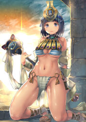 Rule 34 | 1girl, ancient princess menace, bare shoulders, bikini, black hair, blue eyes, blush, breasts, cloud, commentary request, crown, egyptian, egyptian clothes, full body, jewelry, kneeling, large breasts, looking at viewer, menace (queen&#039;s blade), menace (queen's blade), navel, open mouth, panties, parted lips, pelvic curtain, queen&#039;s blade, revealing clothes, sandals, setra, shiny skin, short hair, sky, smile, solo, striped bikini, striped clothes, striped panties, sunlight, sunrise, swimsuit, underboob, underwear, yoshimura (yoshimura4shi)