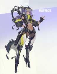 Rule 34 | 1girl, bow (weapon), breasts, concept art, dark-skinned female, dark skin, fingerless gloves, gloves, hand on own hip, hat, high heels, highres, large breasts, long hair, looking at viewer, midriff, navel, necktie, original, pink eyes, purple hair, quiver, revealing clothes, science fiction, short shorts, shorts, simple background, smile, smjim1986, solo, standing, thighs, underboob, waving, weapon