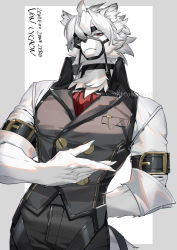Rule 34 | 1boy, animal ear fluff, animal ears, arm behind back, artist name, breast pocket, buttons, character name, collared shirt, collared vest, commentary request, copyright name, eyepatch, fur, furry, furry male, grey background, grey pants, grey vest, highres, hiiro (coinxtossxdive), looking at viewer, male focus, one eye covered, pants, pocket, red eyes, shirt, sleeves rolled up, solo, standing, tail, twitter username, two-tone background, vest, von lycaon, white background, white fur, white hair, white shirt, wolf boy, wolf ears, wolf tail, zenless zone zero