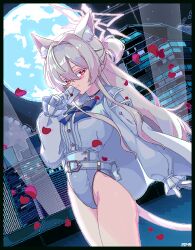 Rule 34 | 1girl, 2049 (hh5566), akira (blue archive), animal ears, blue archive, blue ribbon, cat ears, cat tail, halo, jacket, looking at viewer, pink eyes, pink hair, pixel art, ribbon, shirt, solo, tail, white jacket, white shirt